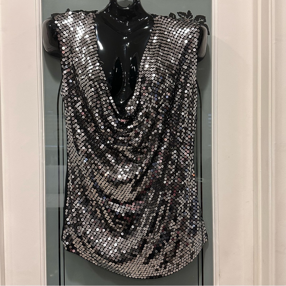 Michael Kors Blouse Black Gold Sequin Top Draping Neckline Shirt L